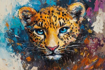 Vibrant portrait of a leopard featuring striking blue eyes and colorful brushstrokes