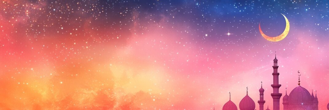 Eid al-Fitr morning sky with crescent moon and stars, vibrant colors of dawn, cresula moon, cresima z nouvelle la pleine lune, sky background, Ramadan concept.
