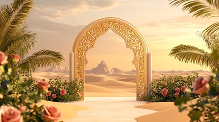 Arabian Frame with Golden Elements in Desert Sunset with Roses, Palm Leaves and Sand Dunes. Copy space. Generative AI