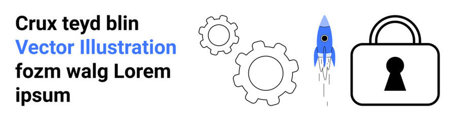 Text on the left with blue-highlighted words. Two gears, blue rocket launching, and a padlock on the right. Ideal for technology, security, innovation, engineering, startup automation software
