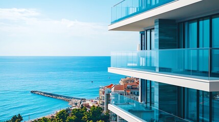 A brand-new apartment complex with sleek glass balconies, nestled by the sea in a modern urban environment.