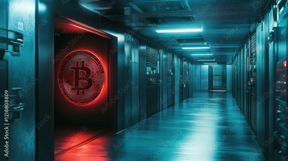 Poster bitcoin vault: secure digital assets in a futuristic server room
