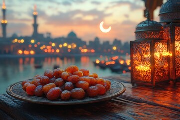 Evening feast of dates by the riverside cultural heritage food scene vibrant atmosphere scenic view culinary delight