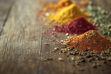 Variety of spices on kitchen table
