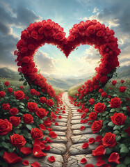 Heart of Roses:  A breathtaking path of stone steps leads through a field of vibrant red roses, forming a magnificent heart shape in the heart of nature.