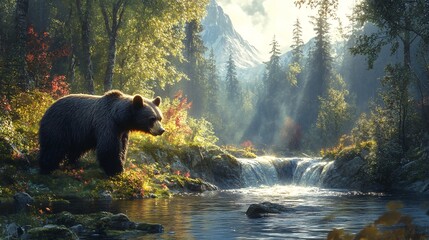 A black bear foraging near a flowing river in a dense forest
