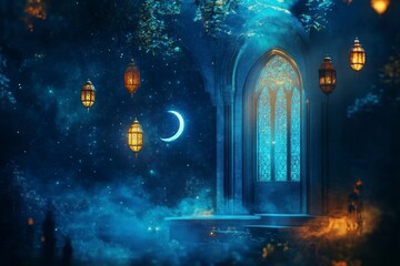 Fototapeta premium Eid Mubarak and Ramadan Kareem greetings with Islamic lanterns, mosque window, and a crescent moon for a Muslim festival background with copy space. Blue night color. 