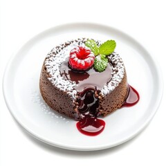 A decadent chocolate lava cake with raspberry coulis, isolated white background, surreal art style