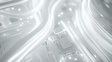Advanced technology concept with microchip, white neon data flowing from cpu across futuristic motherboard, high-tech digital circuitry and computing innovation, 3d render of modern technology design
