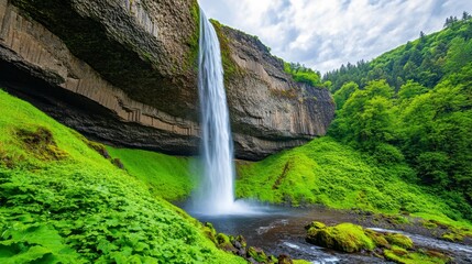 Fototapeta premium Majestic Waterfall Cascading Over Rocky Cliff Surrounded by Nature