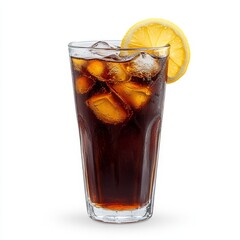 Glass of Cola with Ice Cubes and Lemon Slice Isolated on White Background, Refreshing Beverage, Summer Drink, and Beverage Concept.
