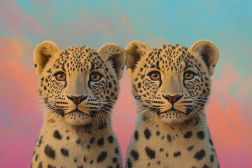 Fototapeta premium Two playful leopard cubs with expressive faces against a colorful sunset sky
