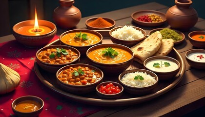 Vibrant thali platter featuring lentil curry bowls in a festive, rustic style