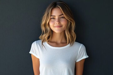 Obraz premium Smiling woman with wavy hair poses casually against a dark background during daytime