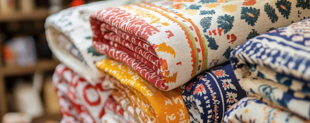 Colorful Folded Cotton Fabrics in Market Display