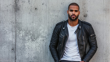 Obraz premium Half-body portrait of a stylish young man with a trimmed beard, wearing a black leather jacket and a white t-shirt, leaning against a concrete wall in a modern urban setting