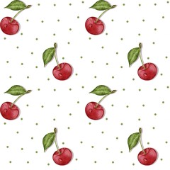 Cherry pattern for fabric design, cherry wallpaper, berry print, berry seamless pattern, on white background, watercolor