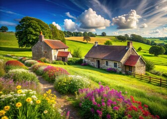 Obraz premium Suffolk farmhouse panorama: idyllic rural scene, picturesque countryside unfolds.