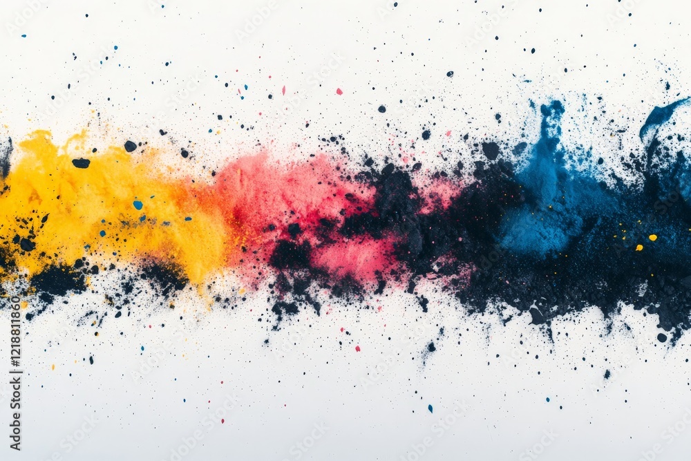 Poster brightly colored paint splashes create an abstract artistic effect on a white background
