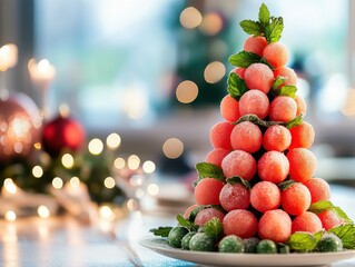 Naklejka premium A festive fruit sculpture resembling a tree made of watermelon balls and mint leaves, surrounded by a soft, glowing background.