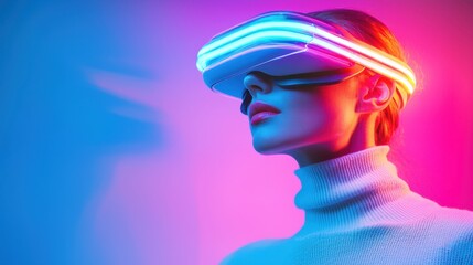 A woman is engaged with a high-tech virtual reality headset that emits vibrant neon colors. The ambiance features a blend of blue and pink lights, creating a modern atmosphere
