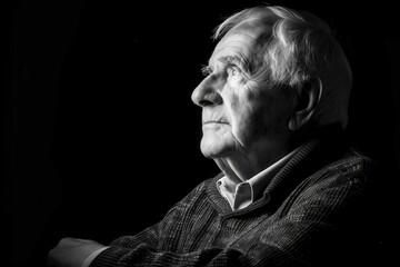 Fototapeta premium A thoughtful elderly man gazes upward, illuminated by soft light against a dark background, capturing a moment of reflection and wisdom.