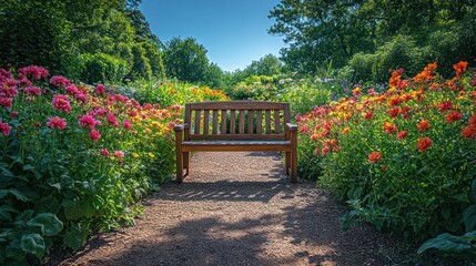 Serene Garden Bench Amidst Vibrant Blossoms