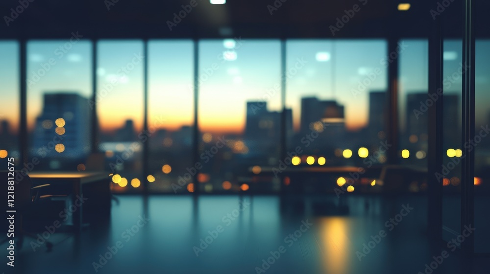 Poster blurred empty workspace in modern office with cityscape view against dusk sky and soft light reflect
