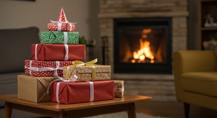 Christmas Gifts by Fireplace: A Cozy Winter Scene
