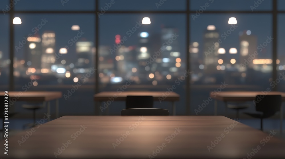 Poster blurred empty office workspace at night with city lights as background creating a calm and minimalis