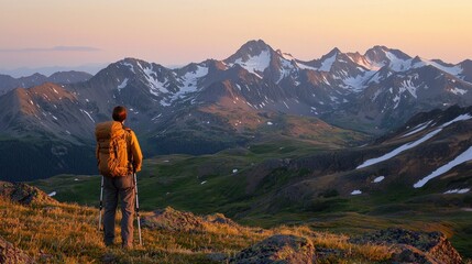 A hiker stands on rocky terrain, gazing at the stunning sunset illuminating the mountain range. Shadows and light dance across the valleys, creating a serene atmosphere