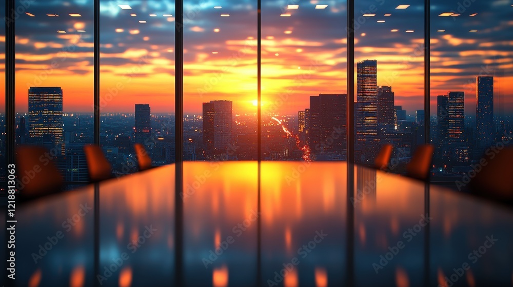 Aufkleber blurred view of an empty office workspace at sunset with city skyline and reflections on the table s
