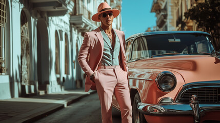 A stylish man in a pastel suit and fedora, stepping out of a vintage car on a sunny street