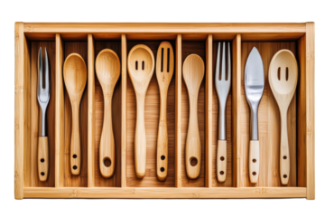 Eco-Friendly Bamboo Drawer Organizer for Cutlery and Utensils: Isolated on Transparent Background