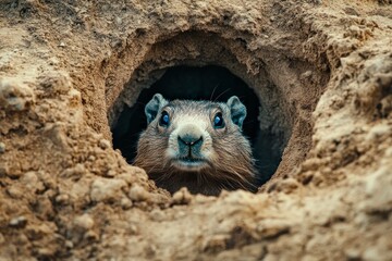Fototapeta premium Garus's groundhog, which has no ears and is covered in fur with blue eyes, is peeking out of its burrow hole on the plain. Groundhog day.