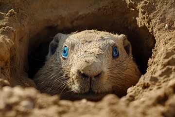 Garus's groundhog, which has no ears and is covered in fur with blue eyes, is peeking out of its burrow hole on the plain. Groundhog day.