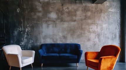 Three Armchairs, White, Blue, And Orange, Sit Against A Textured Gray Wall. The Scene Is Moody And Stylish, Perfect For A Modern Living Room Or Waiting Area.