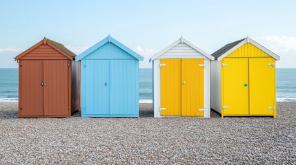 Beachfront with colorful beach huts and calm waves - generated AI