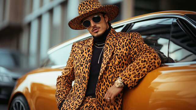 A stylish man in a head-to-toe animal print ensemble with a matching wide-brimmed hat, leaning against a luxury car