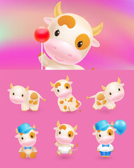 Adorable Bull Set in Realistic and Cartoon Style, Includes Such Characters as Ox with Blue Balloon, Kid with Diaper, Sitting Bull. Funny Animals. Vector Illustration.