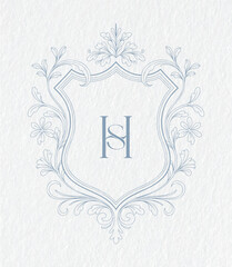 Adobe Illustrator ArtworkWedding monogram with HS initials Design. Floral monogram crest design. Vintage elegant wedding crest design.
