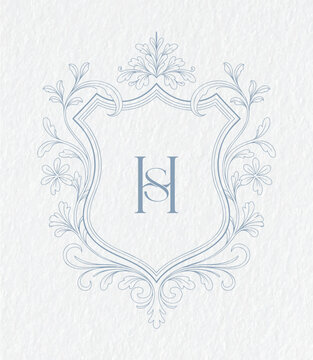 Adobe Illustrator ArtworkWedding monogram with HS initials Design. Floral monogram crest design. Vintage elegant wedding crest design.
