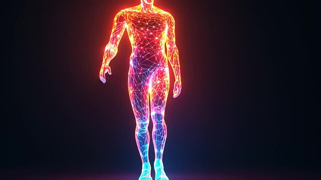 Glowing human figure walking through a dark space, showcasing vibrant light patterns and energy flow