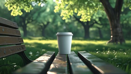 White Paper Cup with Lid on Park Bench in Nature
