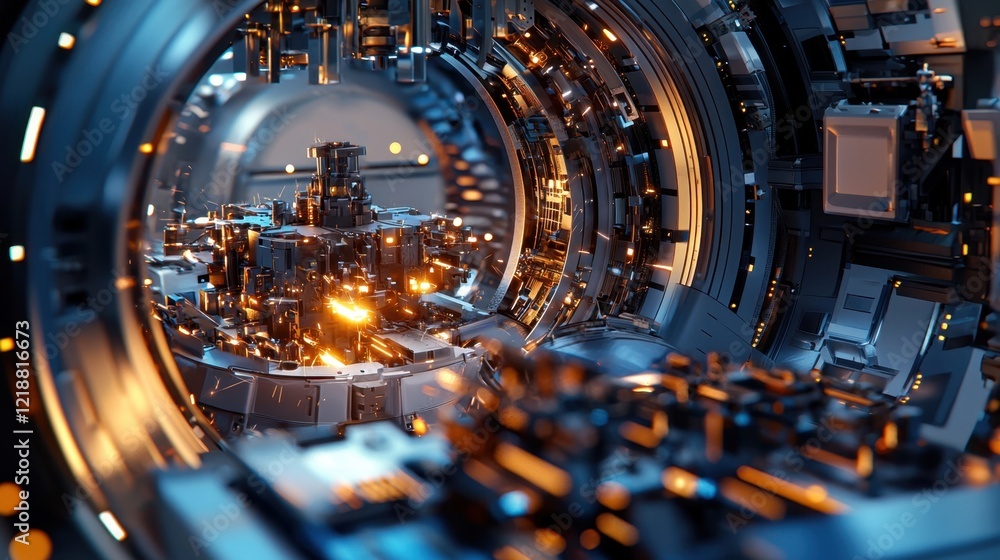 Poster complex machinery and circuits fill the view, with an array of shining lights and metallic surfaces 