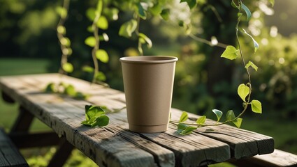 Kraft Brown Paper Cup on Outdoor Picnic Table
