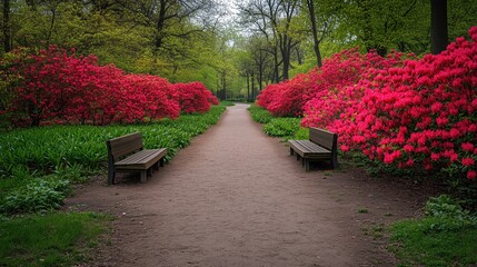 Spring flowers blooming along a path through a quiet park - generated AI