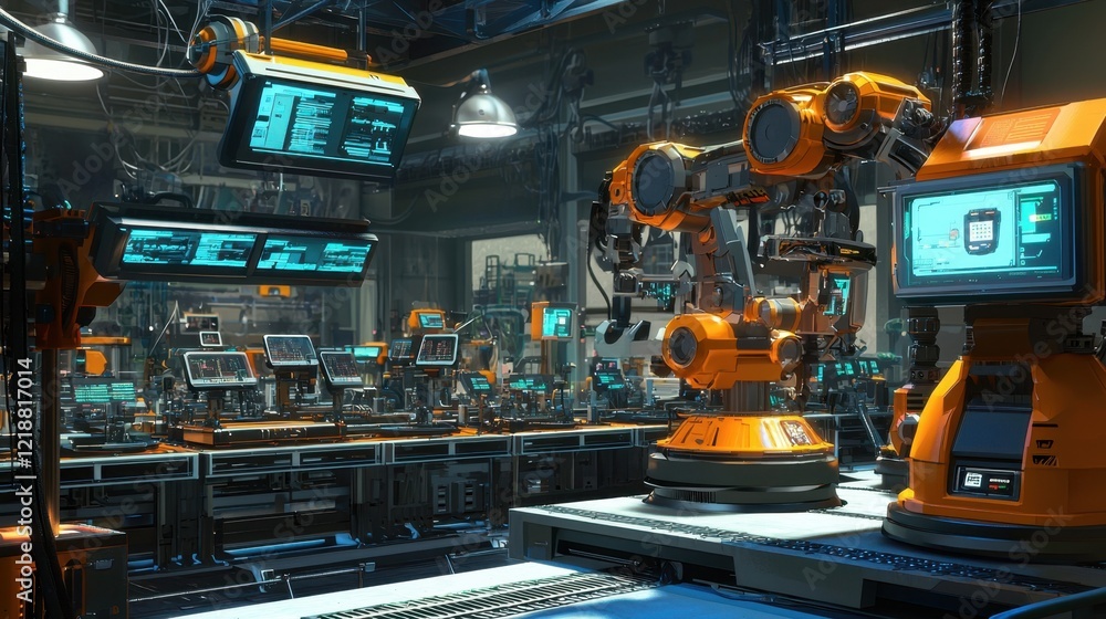 Poster robots operate seamlessly in a high-tech manufacturing environment filled with screens and machinery