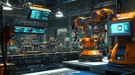 Robots operate seamlessly in a high-tech manufacturing environment filled with screens and machinery, showcasing cutting-edge technology at work during daylight hours