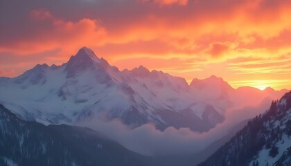 Golden sunset behind snowy peaks, lighting up the mountains and surrounding snow